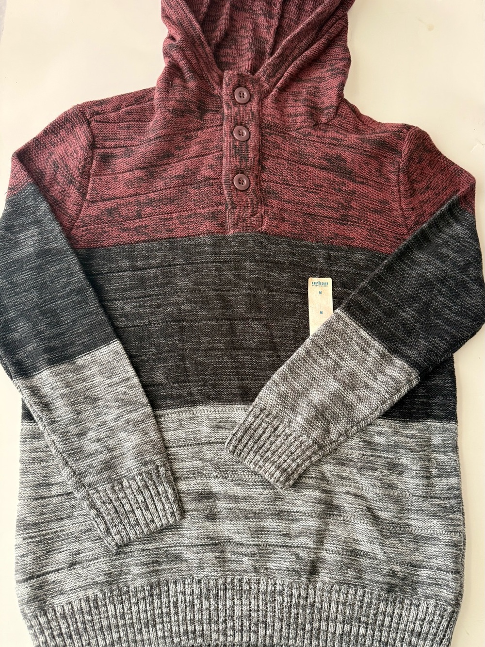 Boys Hooded Colorblock Knit Sweater - Maroon and Gray